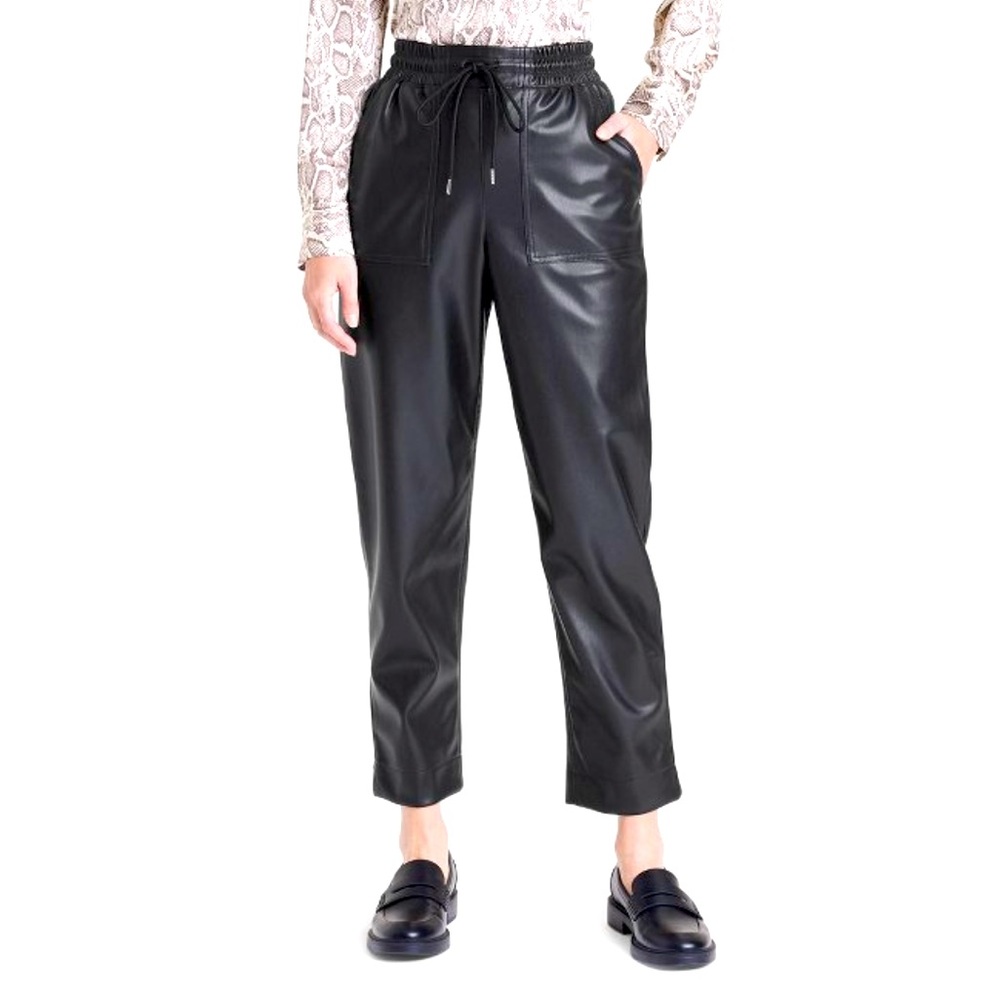Women's High-Rise Faux Leather Tapered Ankle Pull-On Pants A New Day Black M